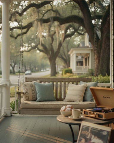 Porch swing with cushions and pillows overlooking tree-lined street, vintage suitcase and side table with refreshments nearby
