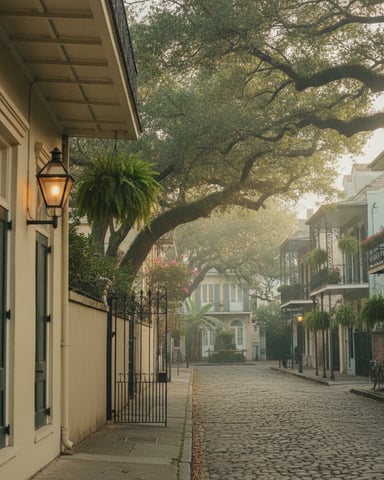 Cobblestone street lined with historic buildings and wrought-iron balconies, shaded by large oak tree with hanging moss