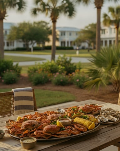 Outdoor dining table with seafood spread overlooking palm trees and colonial-style homes