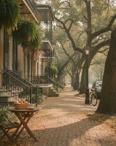 Tree-lined residential street with historic townhouses, wrought-iron railings, and a basket of produce on a small table