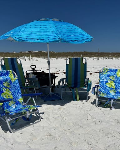 Blue umbrella and striped beach chairs on sandy beach with dunes and palm trees in background